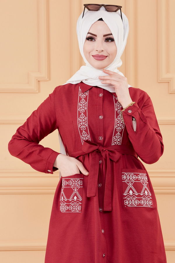 Nakışlı Elbise Bordo - 3531