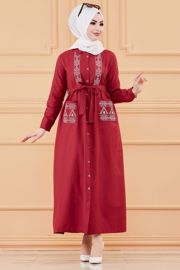 Nakışlı Elbise Bordo - 3531
