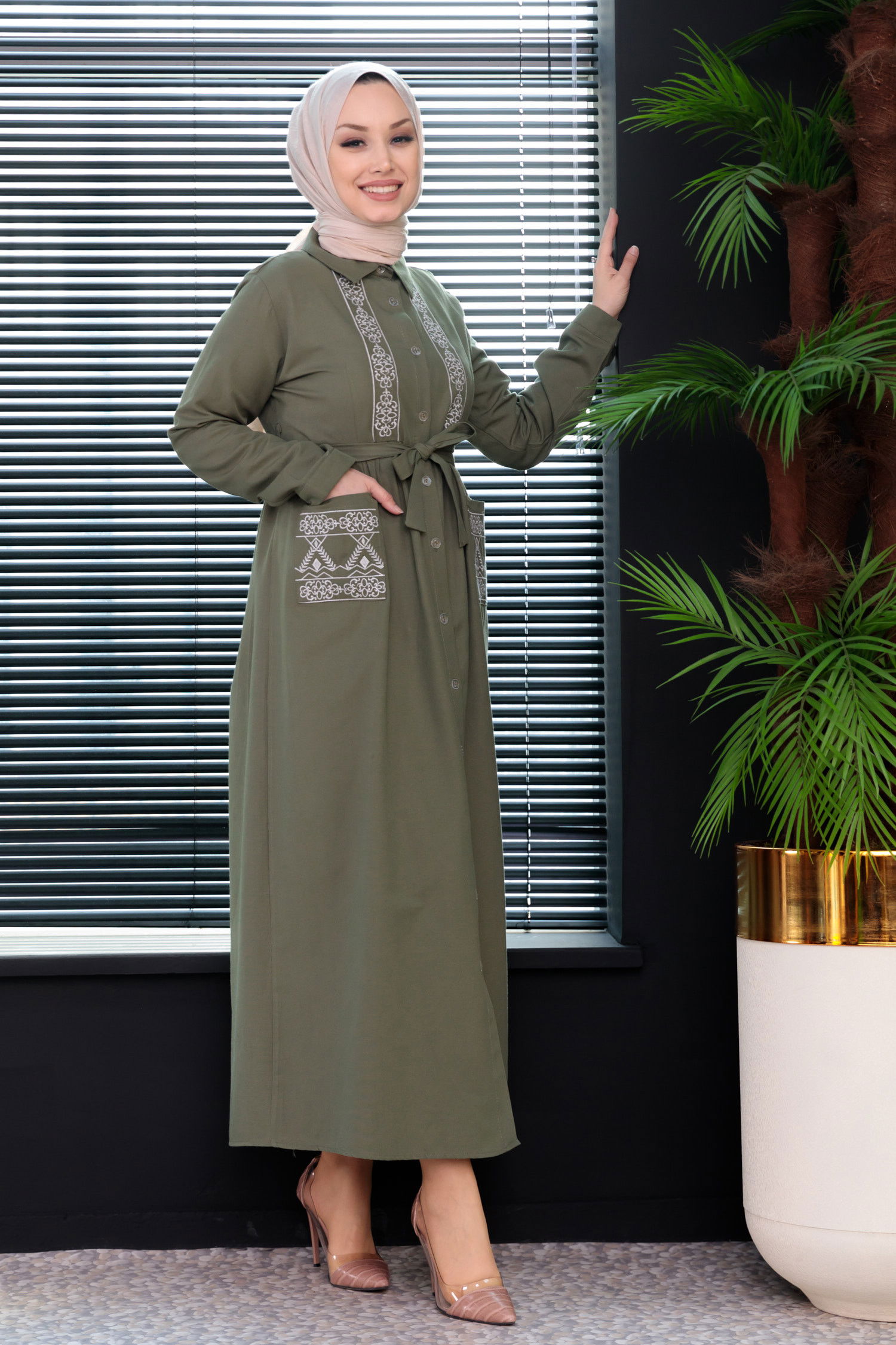 Nakışlı Elbise Haki - 3531