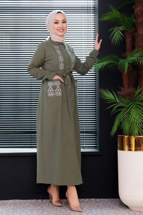 Nakışlı Elbise Haki - 3531