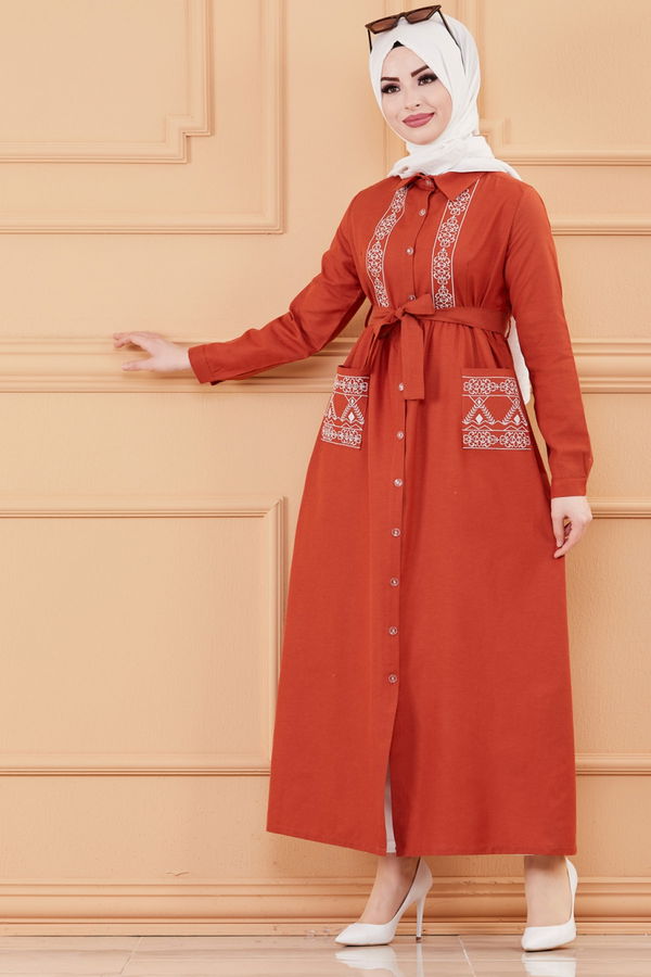 Nakışlı Elbise Kiremit - 3531 KİREMİT