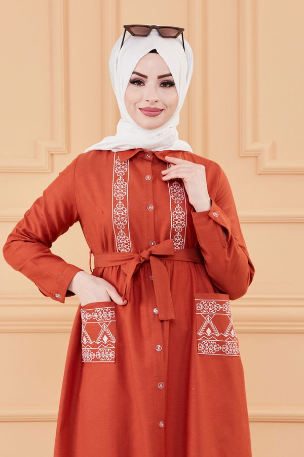 Nakışlı Elbise Kiremit - 3531 KİREMİT