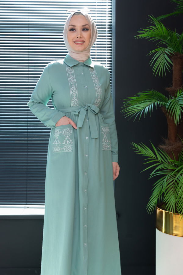 Nakışlı Elbise Yeşil - 3531