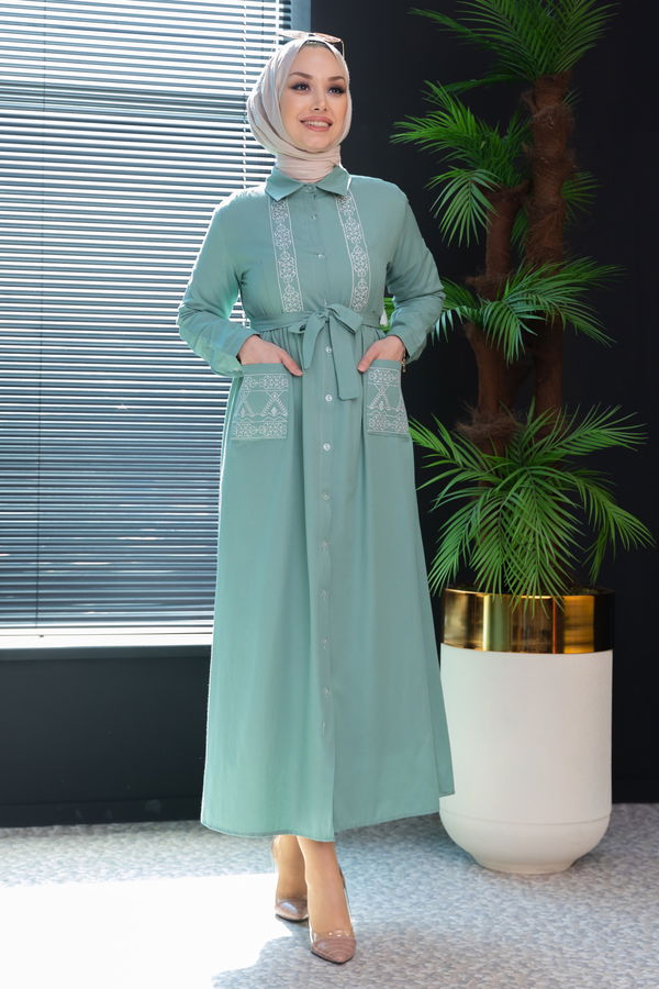 Nakışlı Elbise Yeşil - 3531