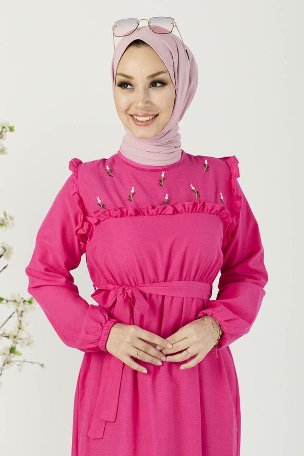 Nakışlı Elbise Fuşya - 3674