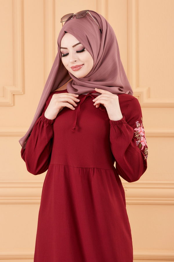 KOL NAKISLI ELBISE Bordo - 3596