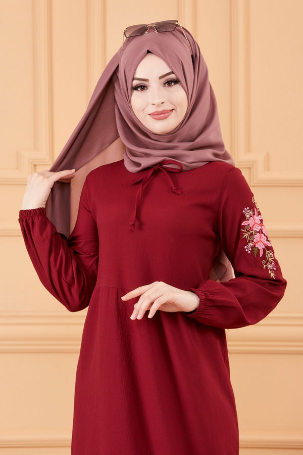 KOL NAKISLI ELBISE Bordo - 3596