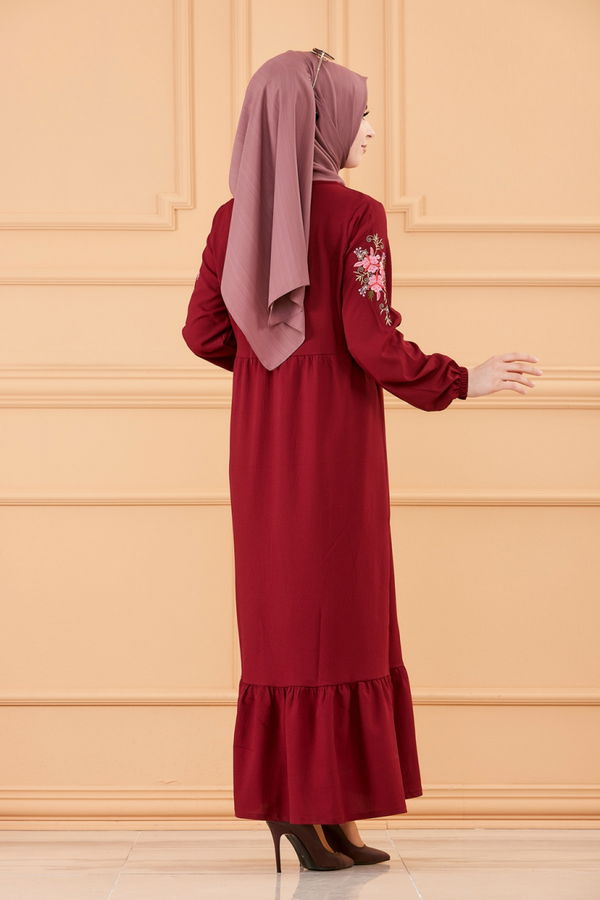 KOL NAKISLI ELBISE Bordo - 3596