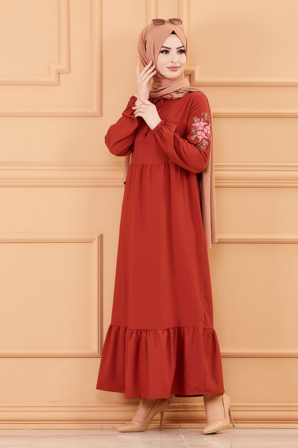 KOL NAKISLI ELBISE Kiremit - 3596 KİREMİT