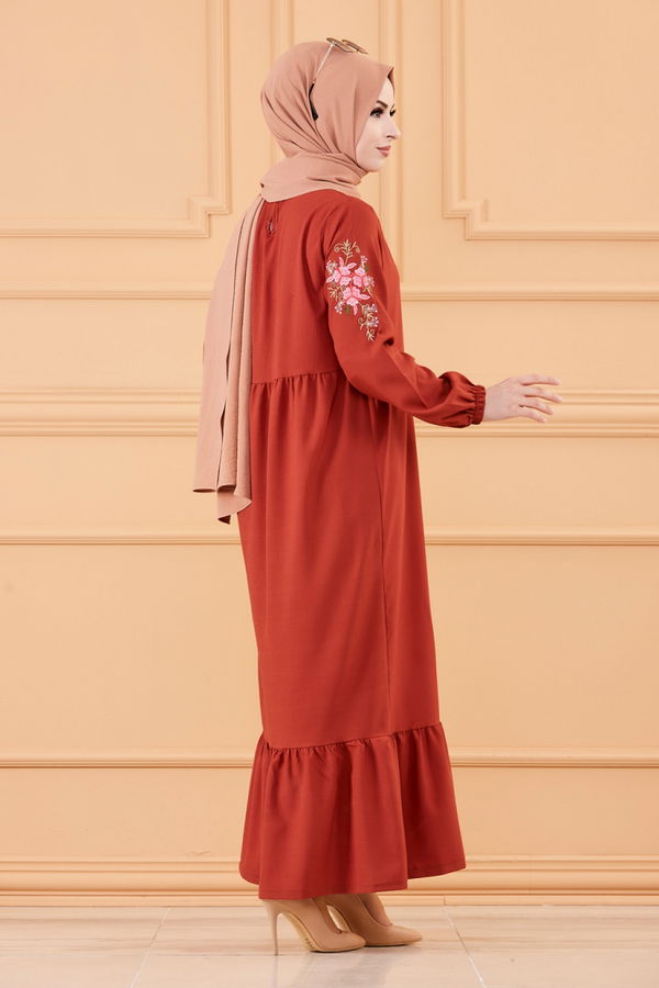 KOL NAKISLI ELBISE Kiremit - 3596 KİREMİT