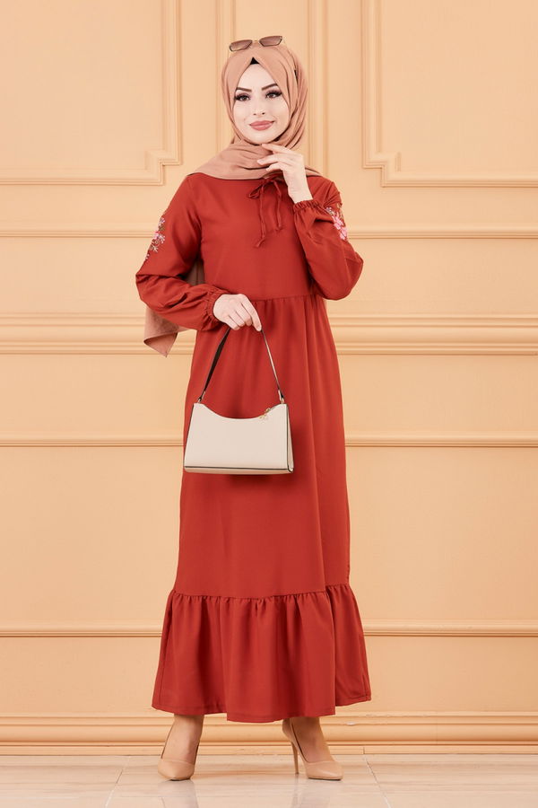 KOL NAKISLI ELBISE Kiremit - 3596 KİREMİT