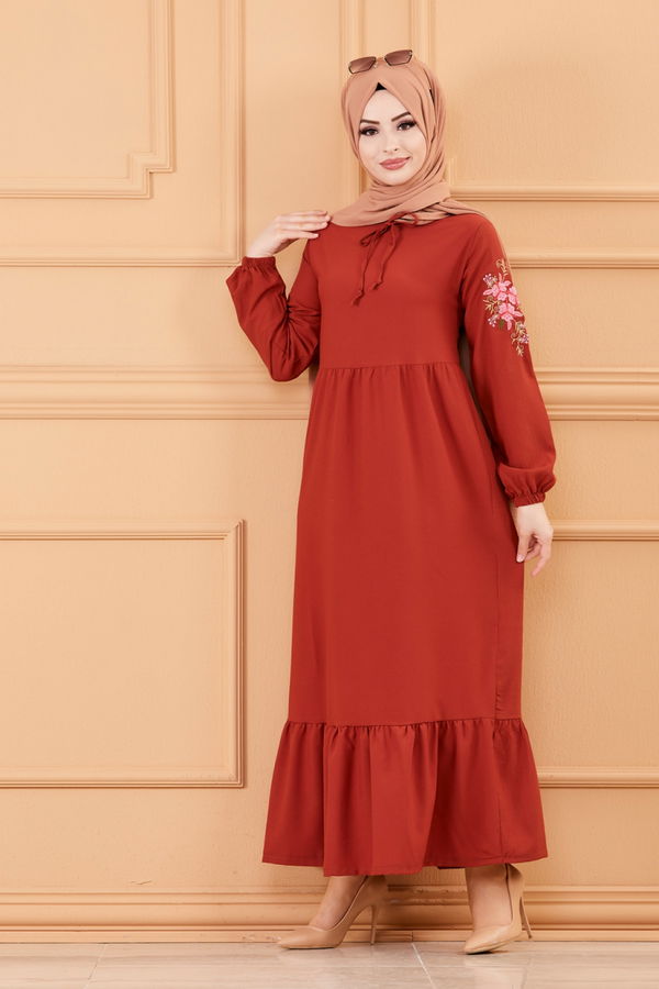 KOL NAKISLI ELBISE Kiremit - 3596 KİREMİT