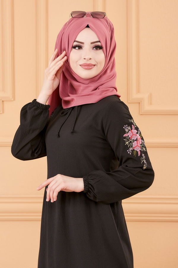 KOL NAKISLI ELBISE Siyah - 3596