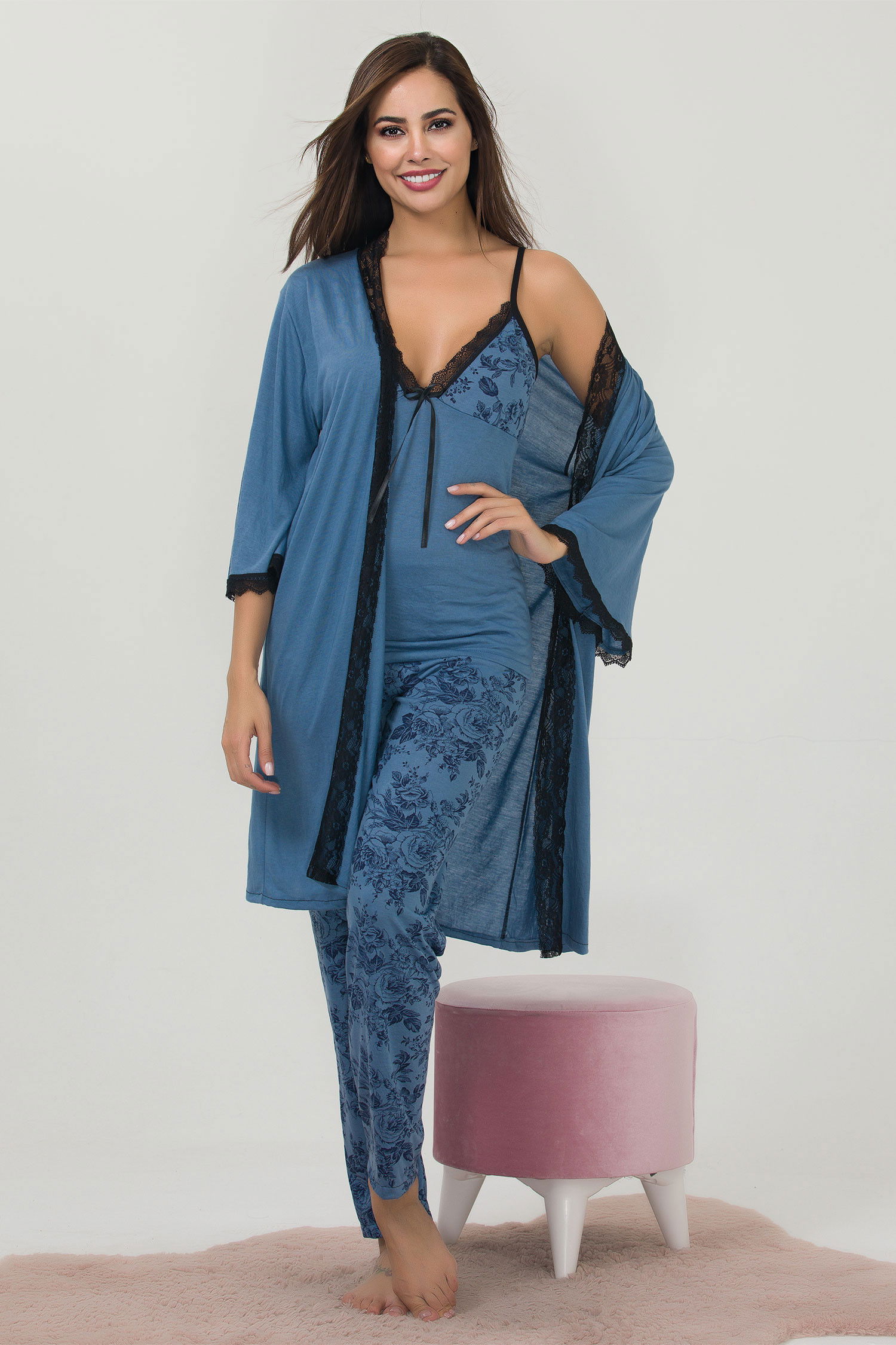 3Lü Dantelli Sabahlık Mavi - 22274