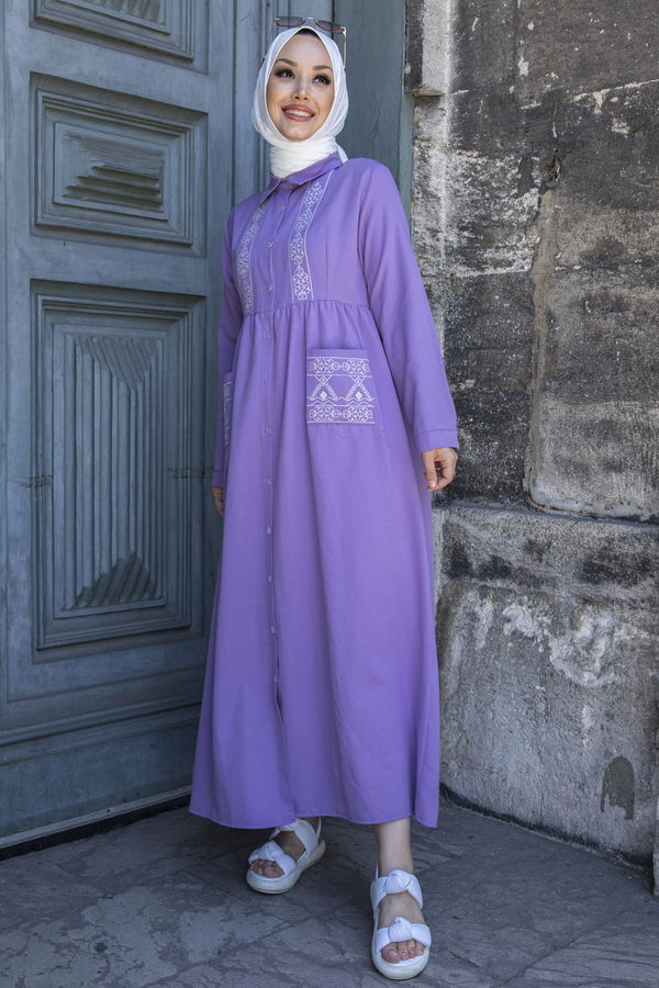 Nakışlı Elbise Mor - 3531 MOR