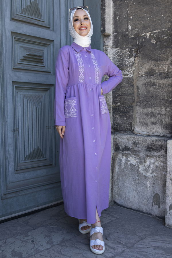 Nakışlı Elbise Mor - 3531 MOR