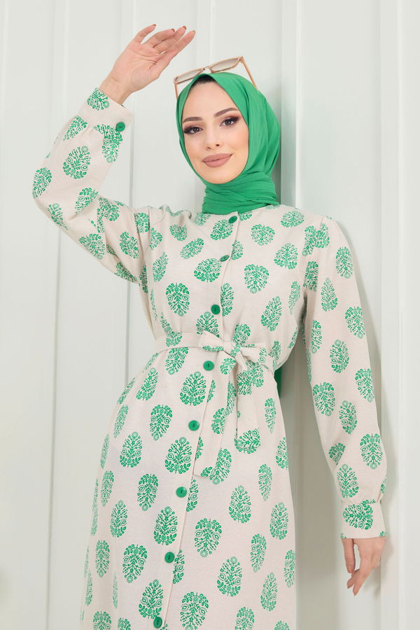 Keten Elbise Yeşil - 22407 YEŞİL