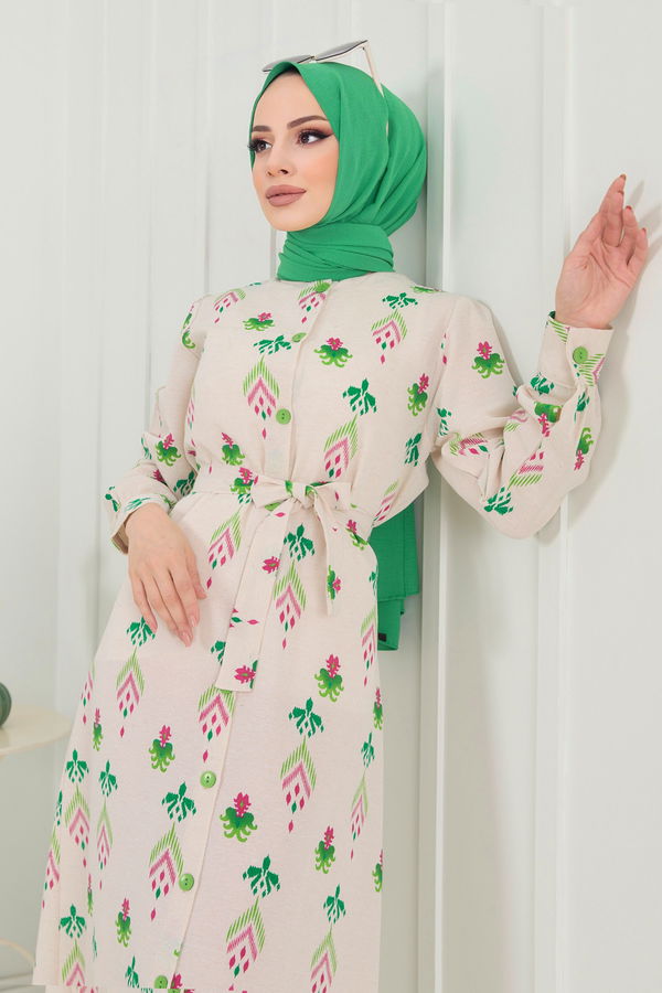 Keten Elbise Yeşil - 22408 YEŞİL
