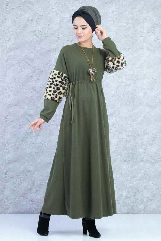 Kolu Kürklü Elbise Haki - 6304 HAKİ