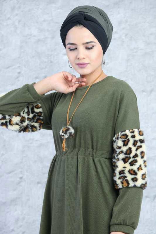 Kolu Kürklü Elbise Haki - 6304 HAKİ