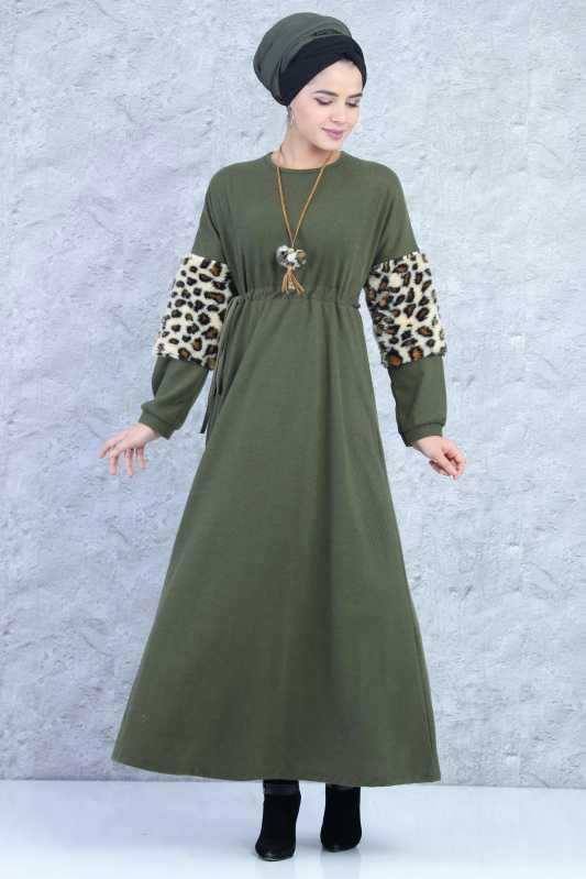Kolu Kürklü Elbise Haki - 6304 HAKİ