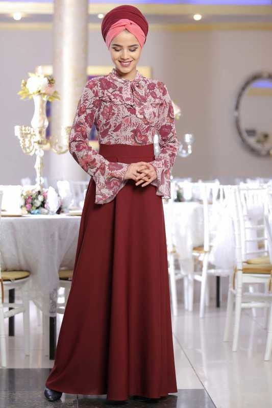 Çiçek Desenli Elbise Bordo - 02 1072 Bordo - 1072