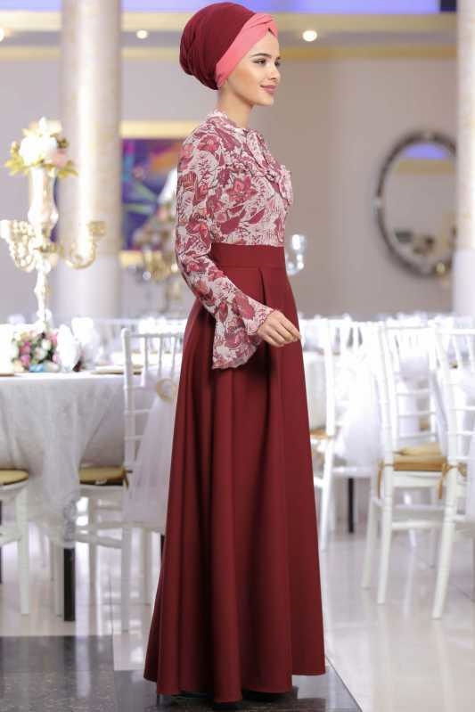 Çiçek Desenli Elbise Bordo - 02 1072 Bordo - 1072