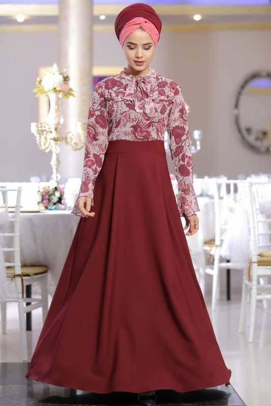 Çiçek Desenli Elbise Bordo - 02 1072 Bordo - 1072