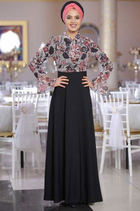 Çiçek Desenli Elbise Siyah - 02 1072 Siyah - 1072