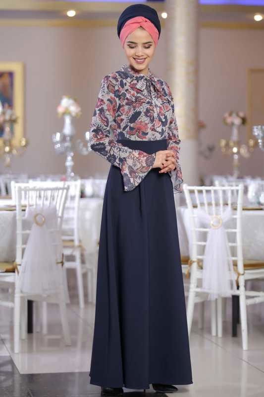 Çiçek Desenli Elbise Lacivert - 02 1072 Lacivert - 1072