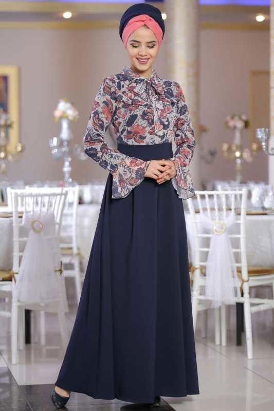 Çiçek Desenli Elbise Lacivert - 02 1072 Lacivert - 1072
