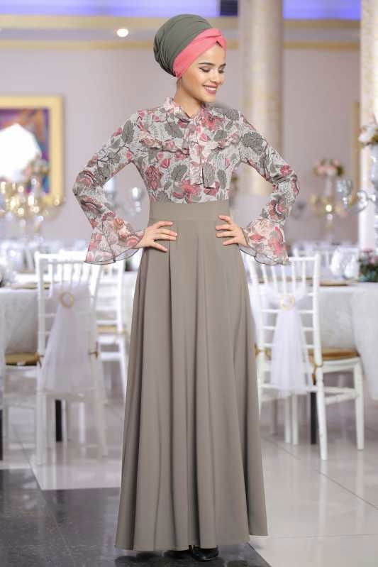Çiçek Desenli Elbise Haki - 02 1072 Haki - 1072 HAKİ