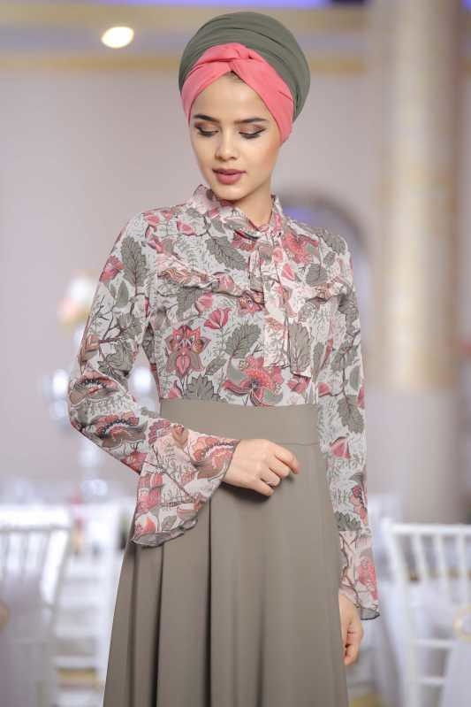 Çiçek Desenli Elbise Haki - 02 1072 Haki - 1072 HAKİ