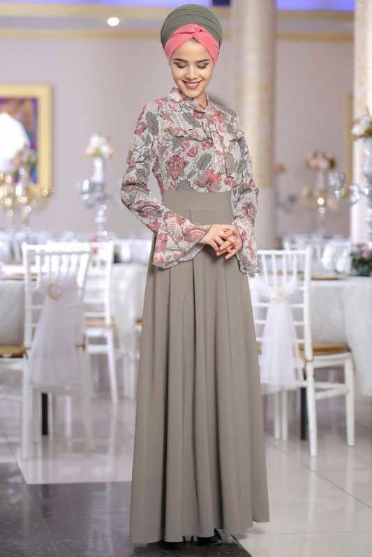 Çiçek Desenli Elbise Haki - 02 1072 Haki - 1072 HAKİ
