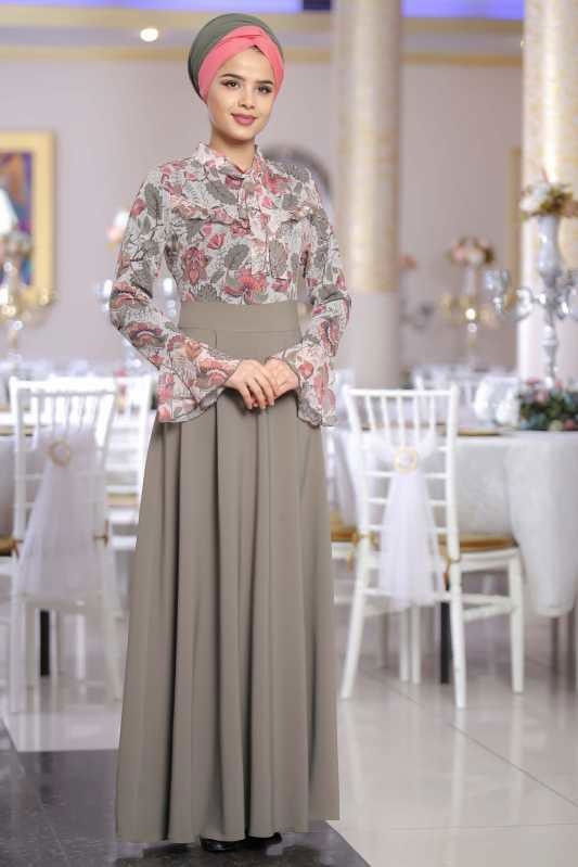 Çiçek Desenli Elbise Haki - 02 1072 Haki - 1072 HAKİ
