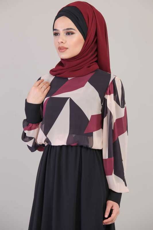 Elbise Siyah Bordo - 1074