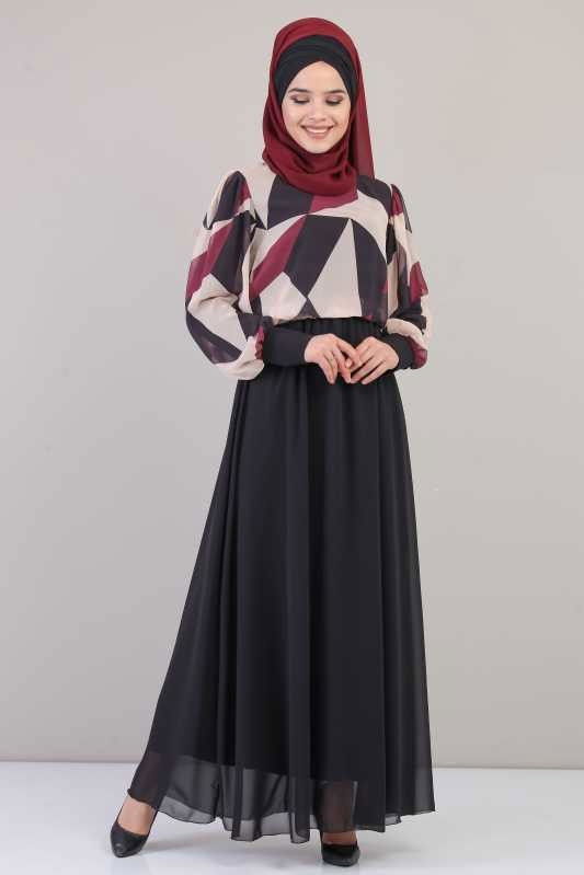 Elbise Siyah Bordo - 1074