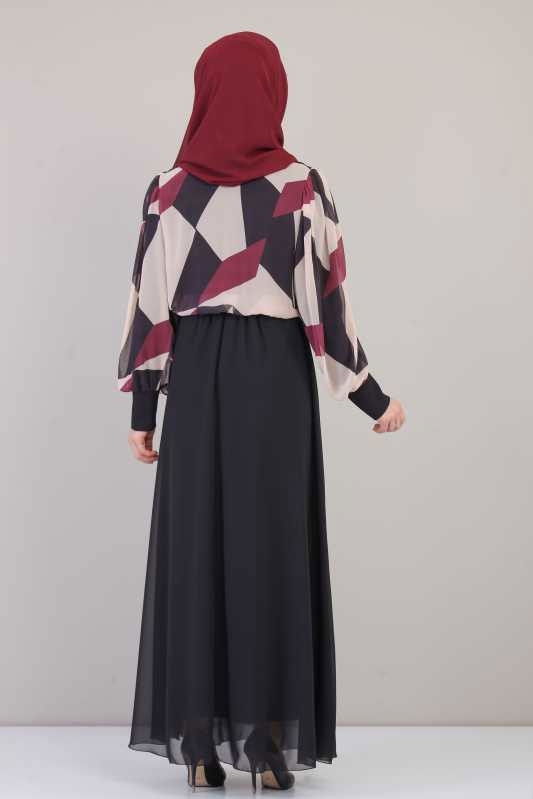Elbise Siyah Bordo - 1074