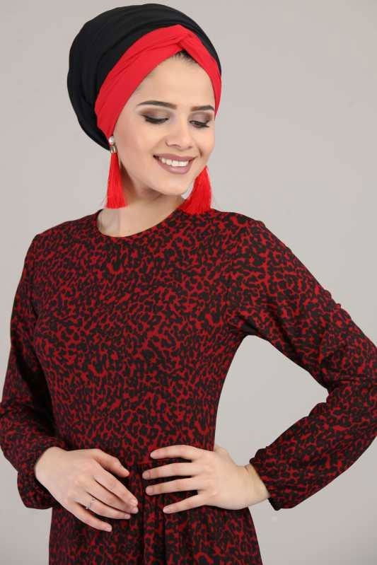 Leopar Desen Elbise Siyah Bordo - 6617