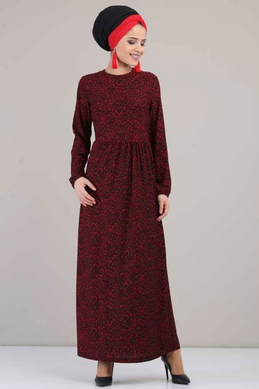 Leopar Desen Elbise Siyah Bordo - 6617