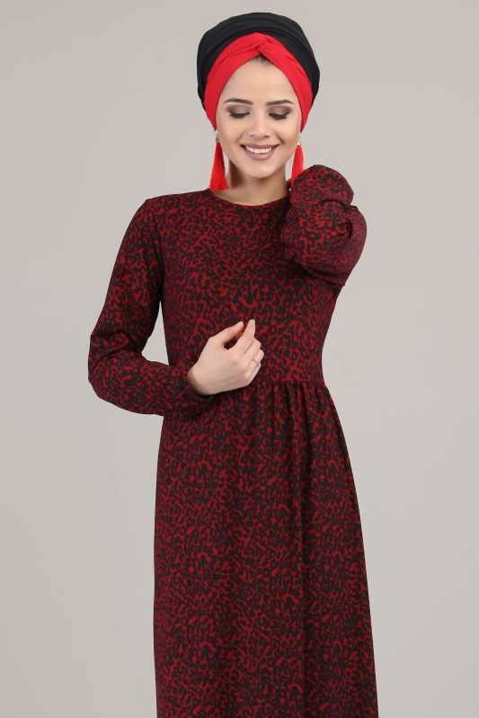 Leopar Desen Elbise Siyah Bordo - 6617