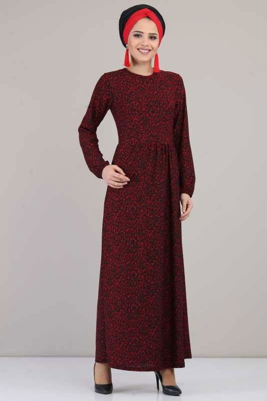 Leopar Desen Elbise Siyah Bordo - 6617