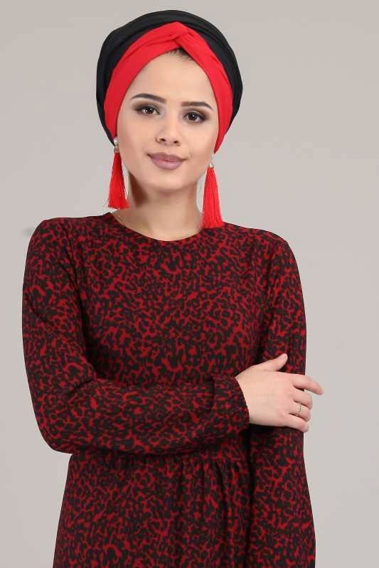 Leopar Desen Elbise Siyah Bordo - 6617