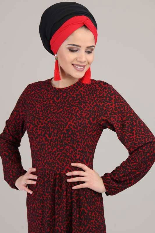 Leopar Desen Elbise Siyah Bordo - 6617