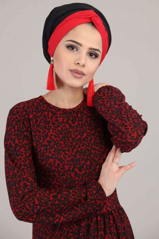 Leopar Desen Elbise Siyah Bordo - 6617