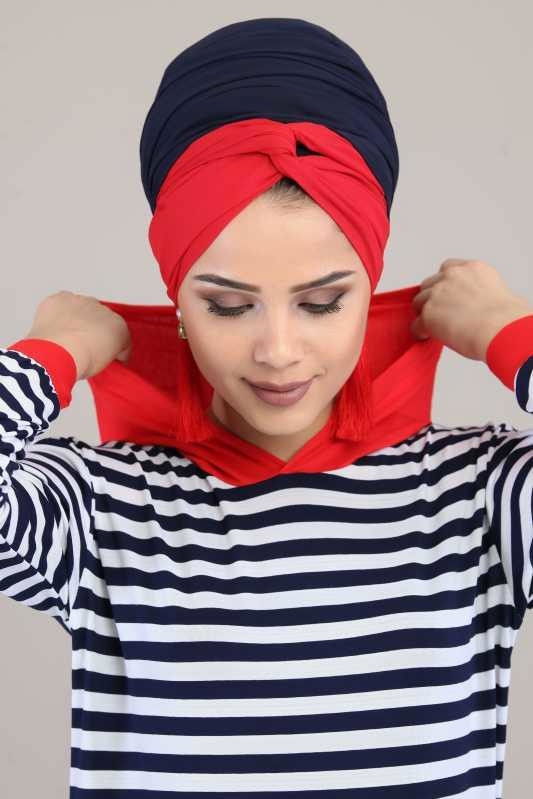 Çizgili Kapşonlu Elbise Siyah Beyaz Beyaz - 6659 BEYAZ