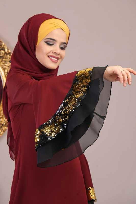 Elbise Siyah Bordo - 1071