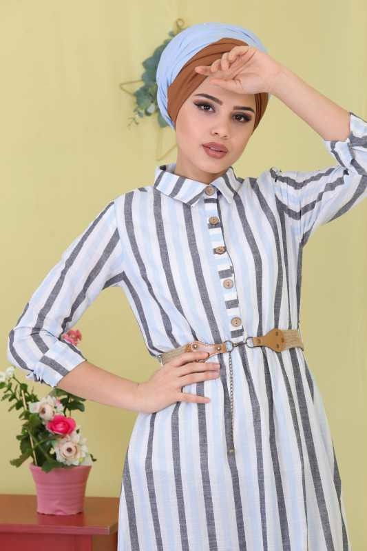 Çizgili Elbise Kemer Bebe Mavi - 02 6707 Mavi - 6707 MAVİ