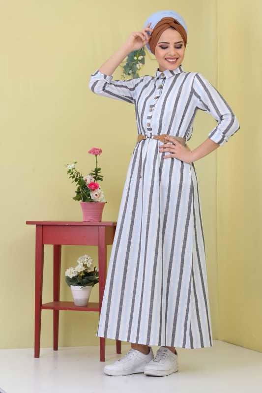 Çizgili Elbise Kemer Bebe Mavi - 02 6707 Mavi - 6707 MAVİ
