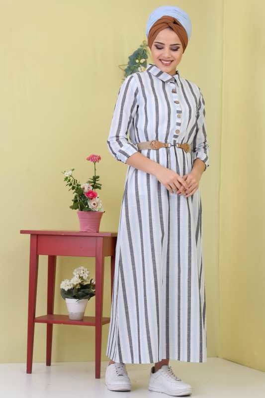 Çizgili Elbise Kemer Bebe Mavi - 02 6707 Mavi - 6707 MAVİ